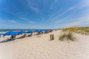 A beach with rows of blue umbrellas and beach chairs, a wooden boardwalk, and dunes. - 65 Luxury Beach Home w/ Pool, Elevator, EV Charger & Bunk Room (Hilton Head Island)