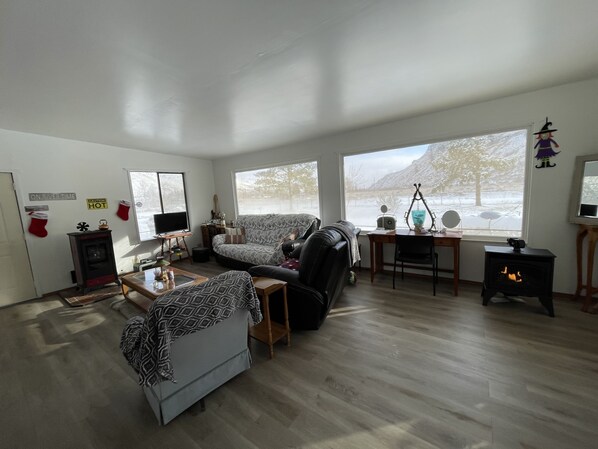 TV connectée, cheminée, livres