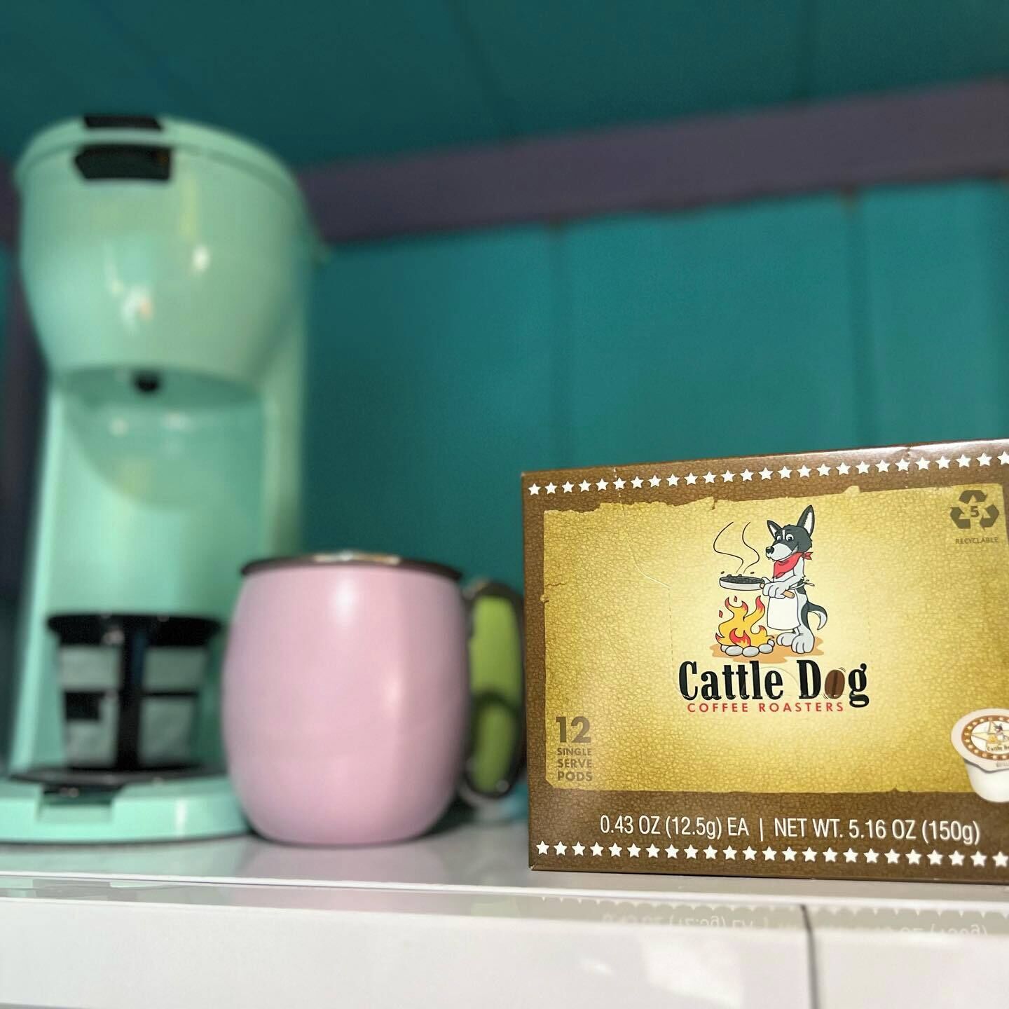 A kitchen area with a coffee maker, a pink mug, and a box of Cattle Dog coffee capsules.