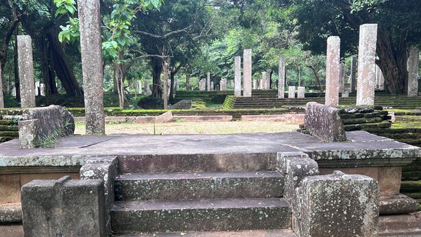 Una escalera de piedra que conduce a la entrada de un templo, rodeada de antiguos pilares de piedra y árboles.