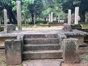 Una escalera de piedra que conduce a la entrada de un templo, rodeada de antiguos pilares de piedra y árboles.