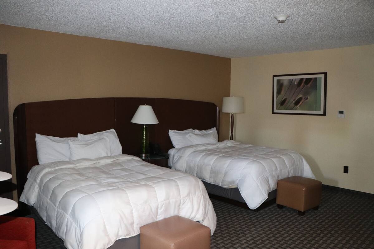 A hotel room with two beds, a desk, a chair, and a lamp.