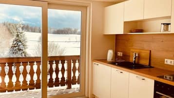 Coffee/tea maker, fridge, oven, stovetop