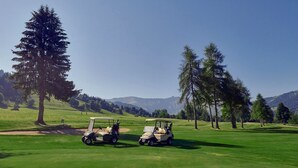 A golf course with two golf carts and a large tree. - Apt Du Golf Du Mont d'Arbois in Megeve, near ski lift, Megeve (Chamonix), France (Megeve (Chamonix))