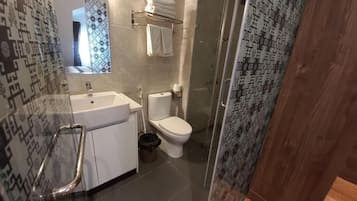 Combined shower/bathtub, rainfall showerhead, hair dryer, bathrobes