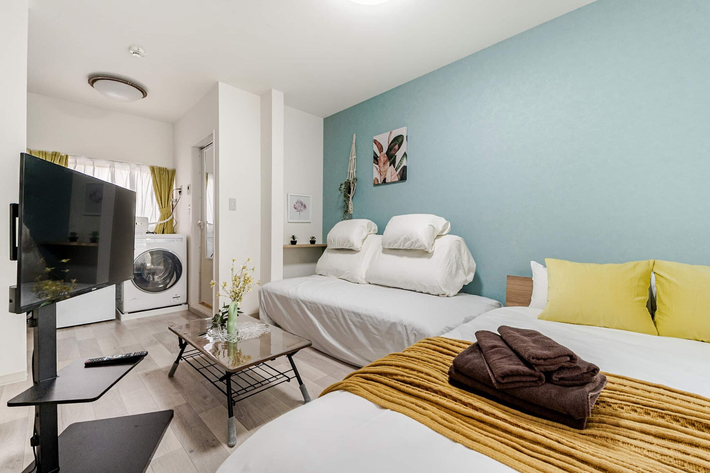 A hotel room with a bed, a TV, a washing machine, and a small table with a vase.