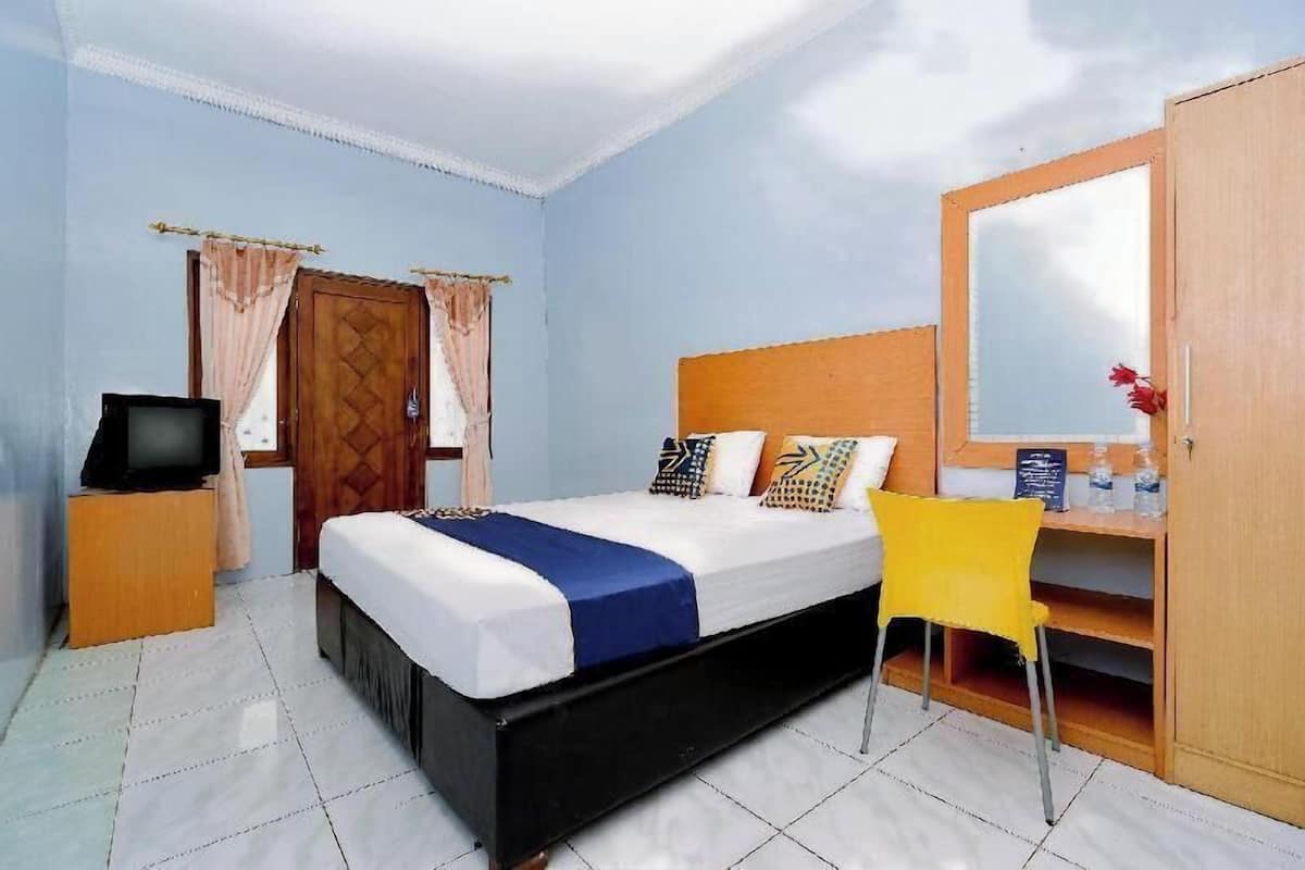 A bedroom with a bed, a television, a mirror, and a chair.