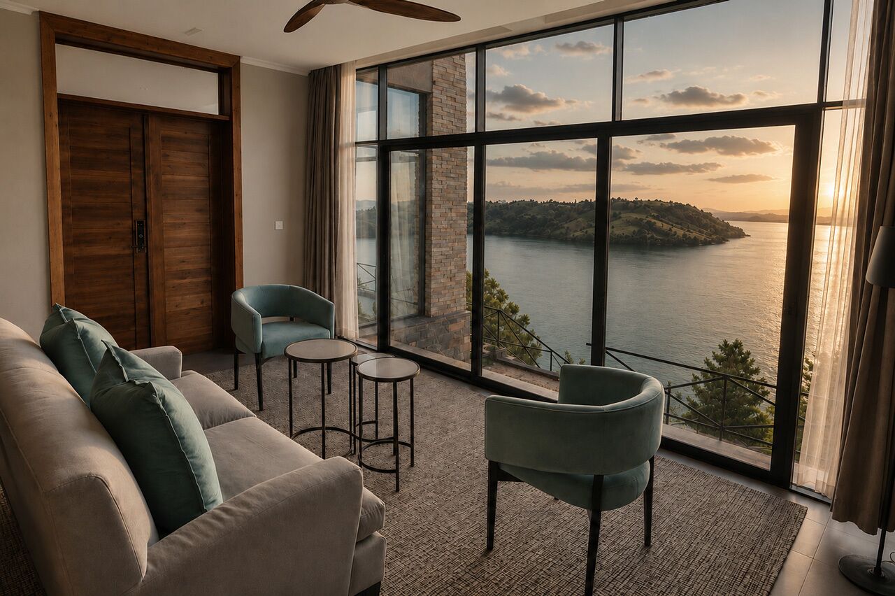 A room with a large window, a sofa, two chairs, a small table, and a ceiling fan.