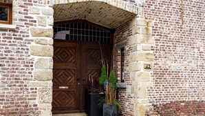 A stone and brick building with a large wooden double door, a small window, and a potted plant outside. - Villa with swimming pool in Erembodegem (Erembodegem)