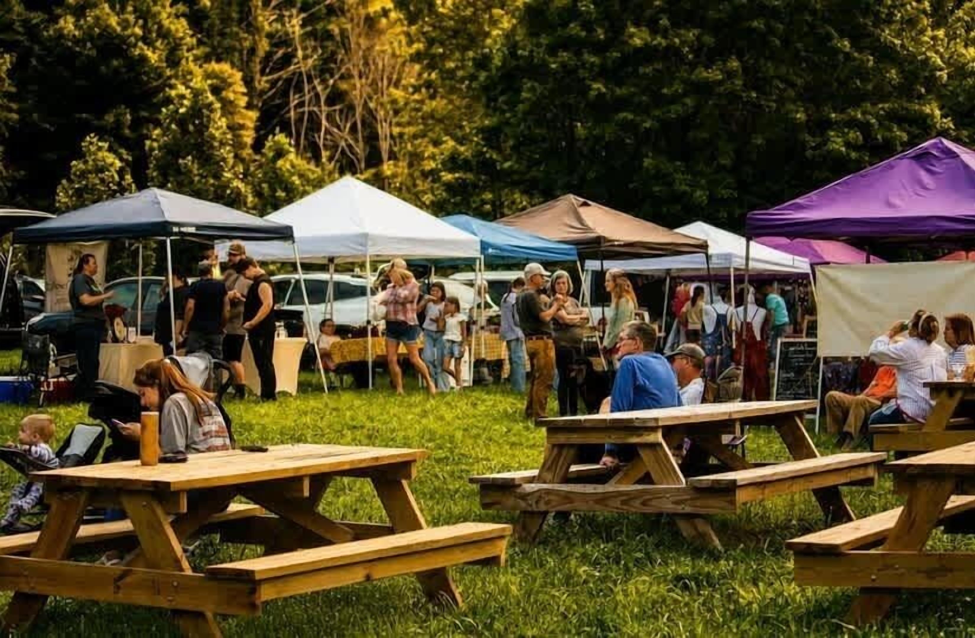 An outdoor event with people gathered around tables and tents.