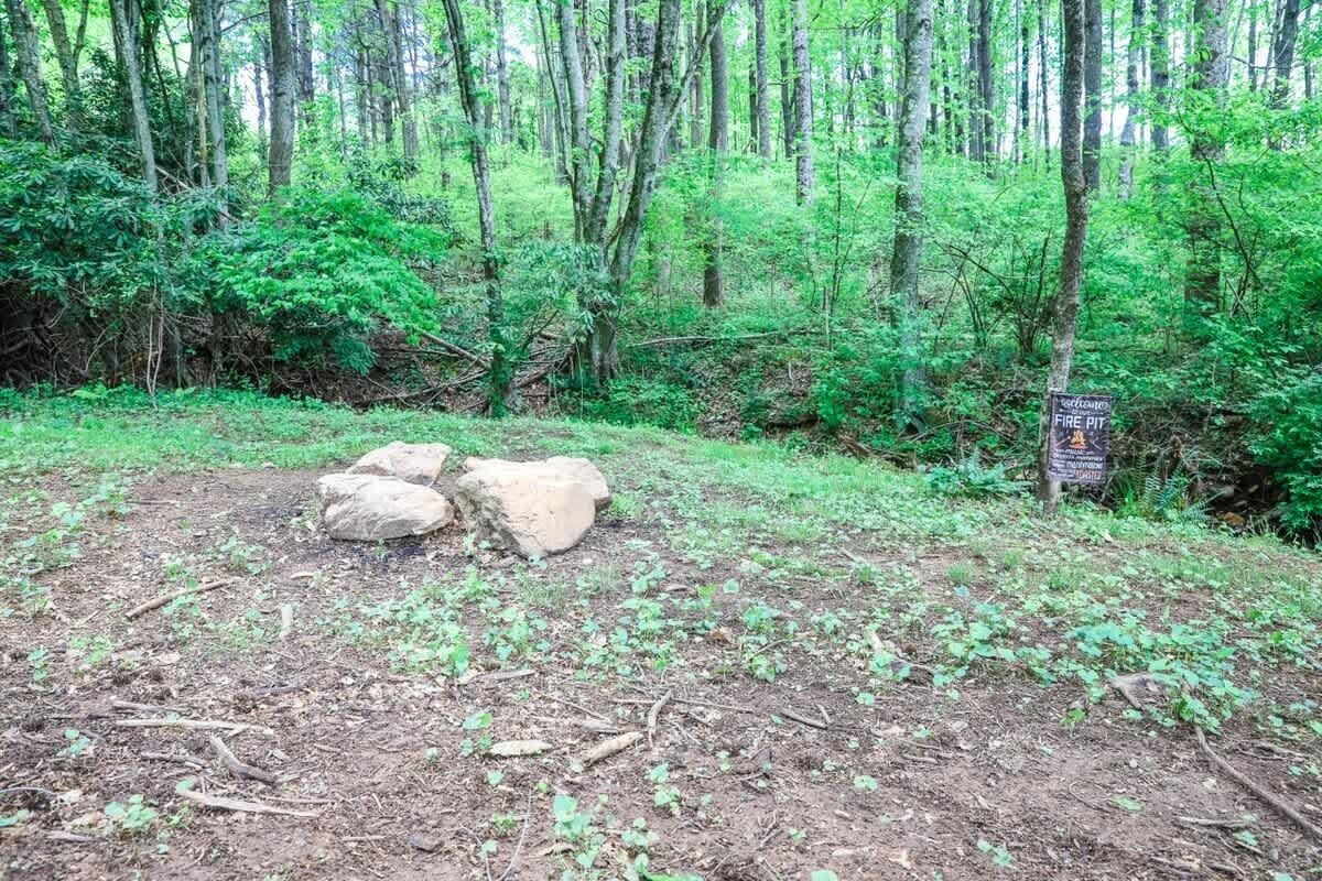 A forested area with a sign indicating a fire pit.