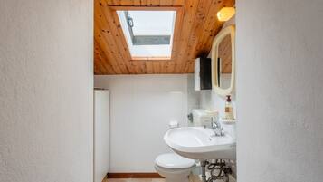 Un bagno con lucernario, WC bianco, lavandino e specchio.