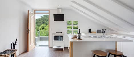 Fridge, microwave, stovetop, coffee/tea maker