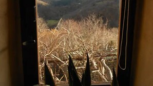 Ein Fenster mit Blick auf sanfte Hügel und einen klaren Himmel.