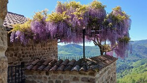 Ein Gebäude aus Stein mit einem Ziegeldach, ein Baum mit violetten Blüten und Blick auf grüne Hügel.