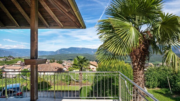 Un balcon avec vue sur un village, un palmier et des montagnes en arrière-plan.