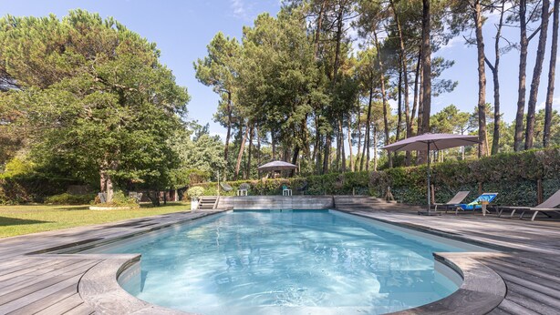 Une piscine avec une terrasse en bois, entourée d’arbres et agrémentée d’un belvédère.