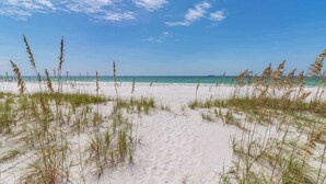 A beach with sand and sparse grass in the foreground, leading to a calm sea under a clear sky. - Whitney Beach 321 2brm beachfront (Longboat Key)