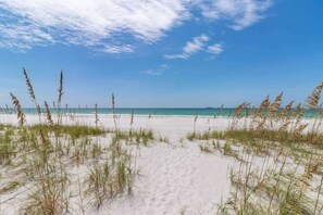 Een strand met zand en enkele grassprieten in de voorgrond, dat uitloopt in een rustige zee onder een heldere hemel.