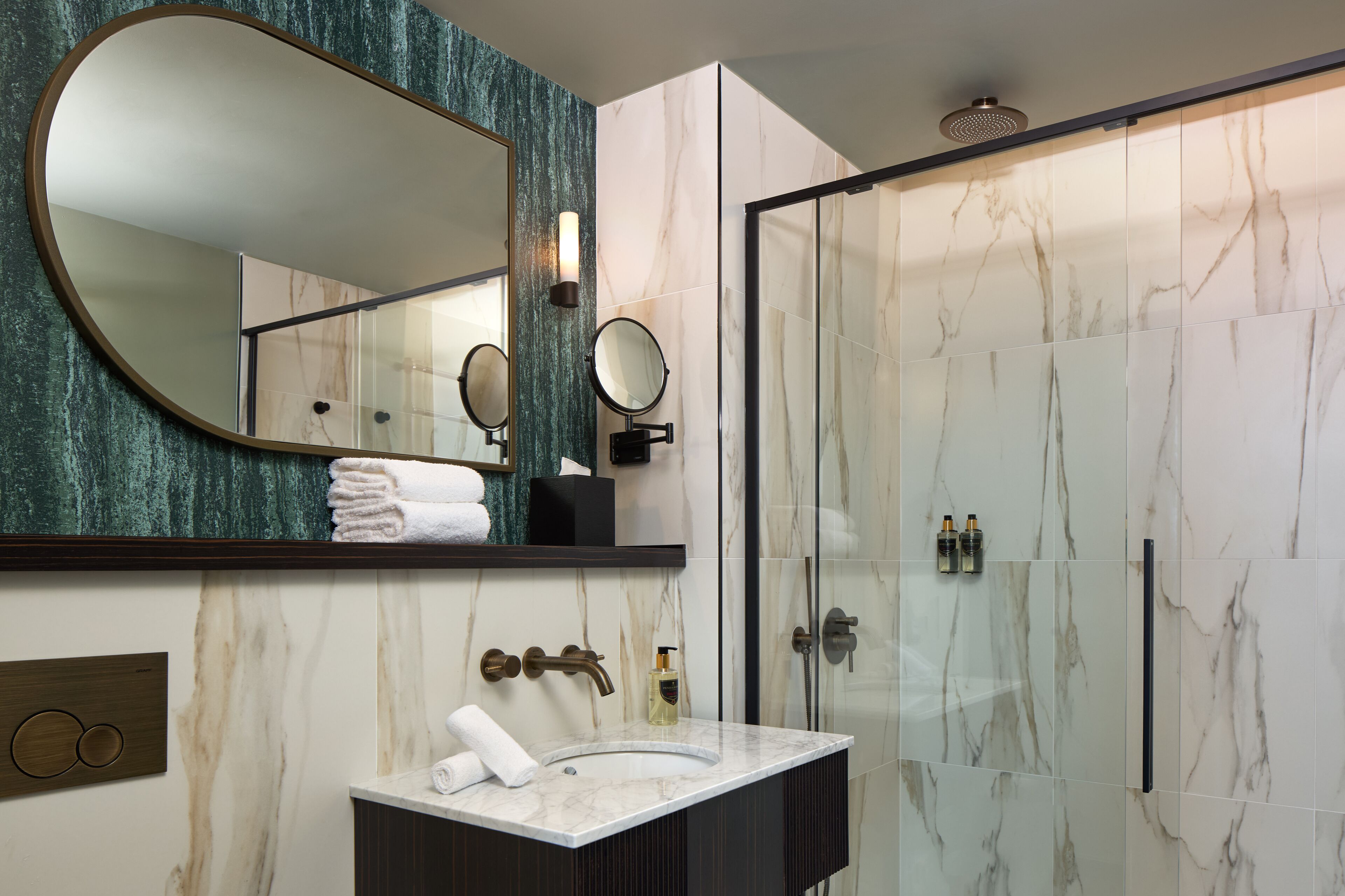 Shower, rainfall showerhead, eco-friendly toiletries, hair dryer