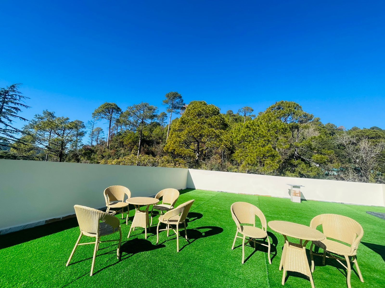 Une terrasse sur le toit, aménagée avec des meubles en osier et un gazon synthétique, entourée d’arbres et surplombant un ciel bleu dégagé.