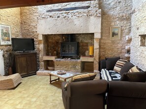 TV, fireplace, DVD player, books