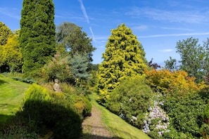 A garden with a variety of trees and shrubs, a clear sky, and a path.