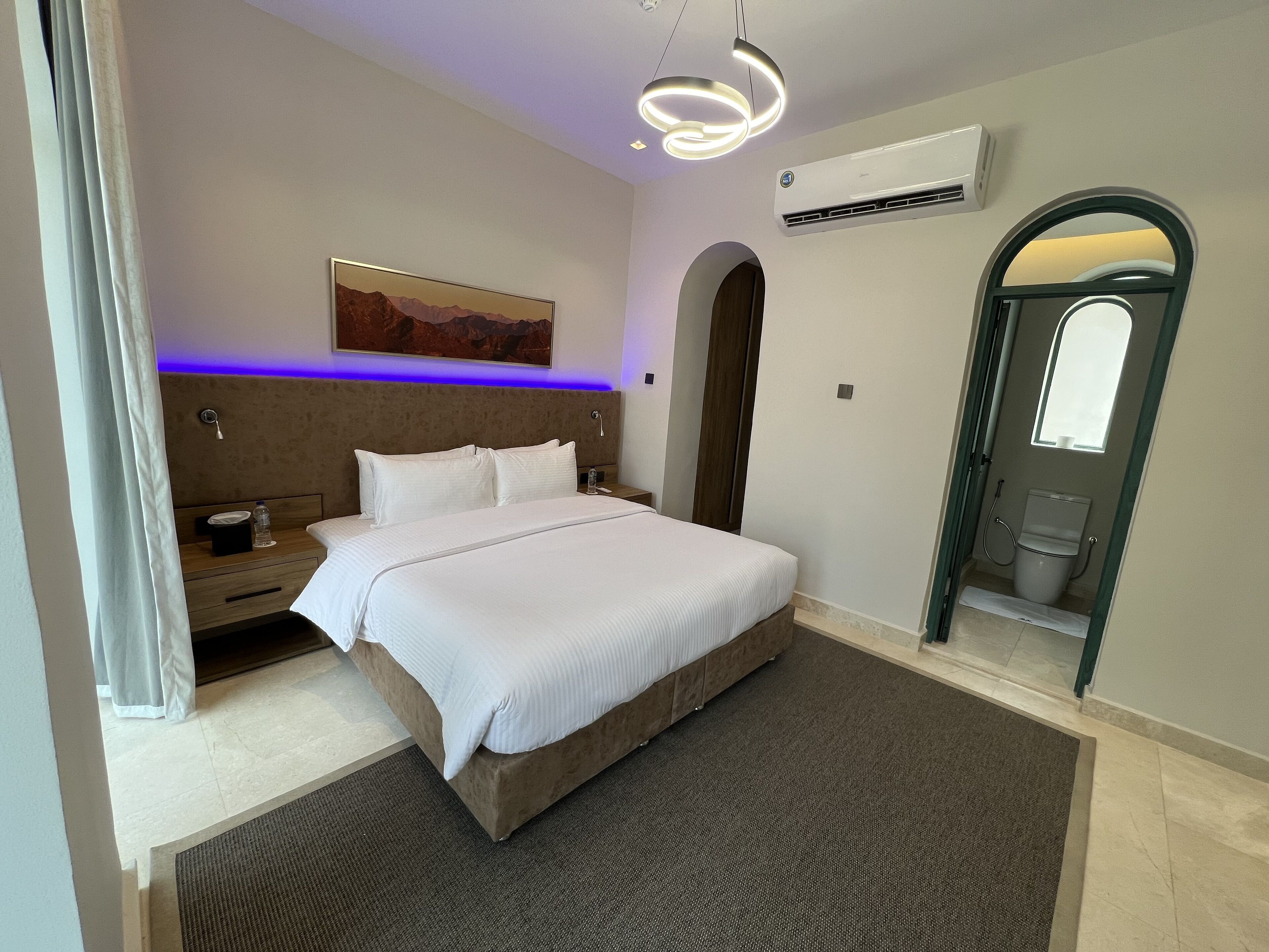 A modern hotel room with a large bed, a nightstand, a wall-mounted air conditioner, and a bathroom with a toilet and shower.