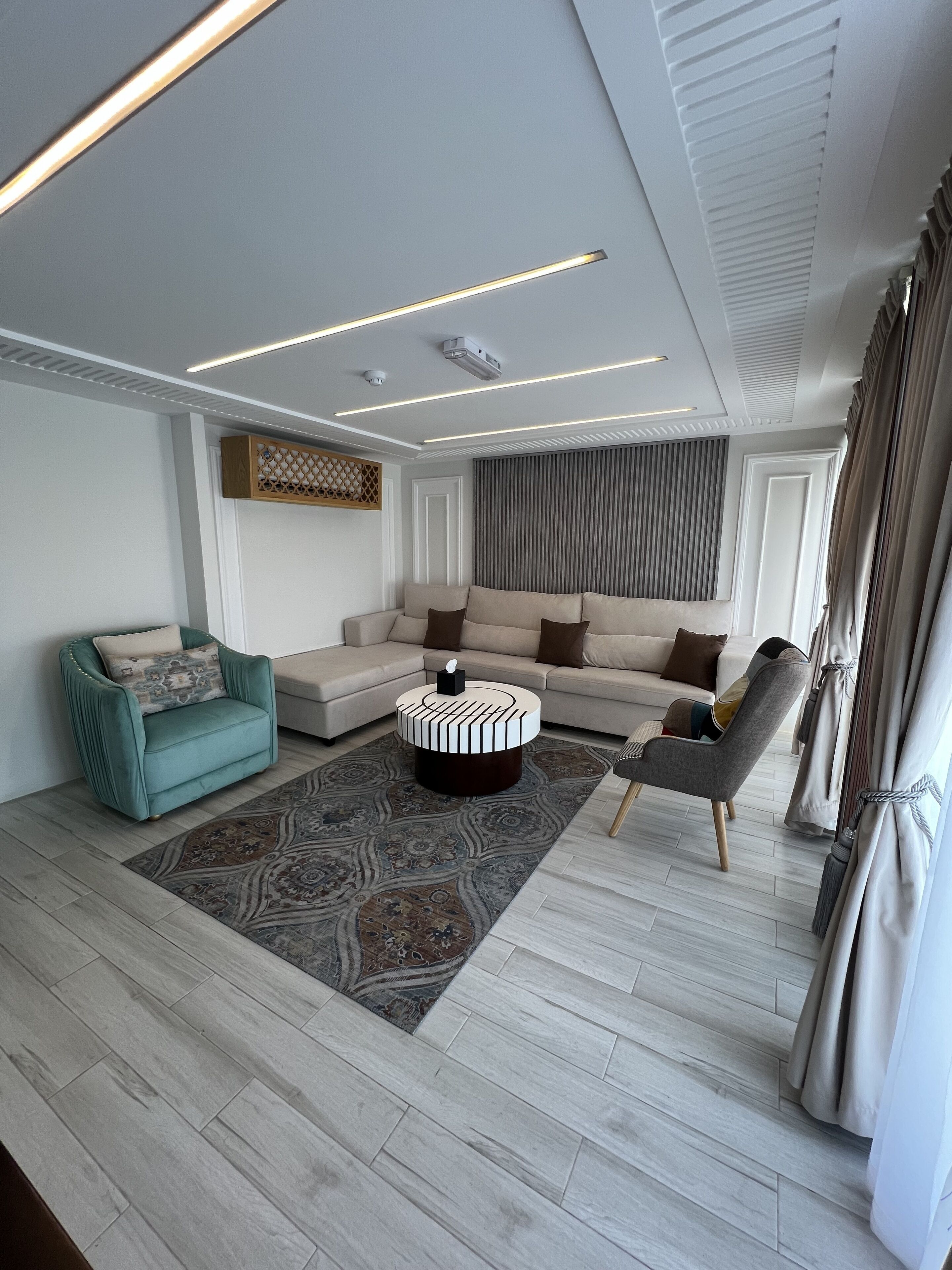 Una sala de estar moderna con sofá, sillón y mesa de centro, que presenta un tapete estampado y suelo de madera.