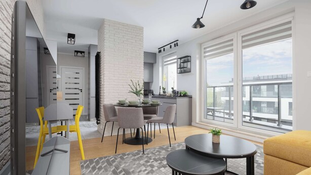 Un salon moderne comprenant un coin repas, une cuisine et de grandes fenêtres.
