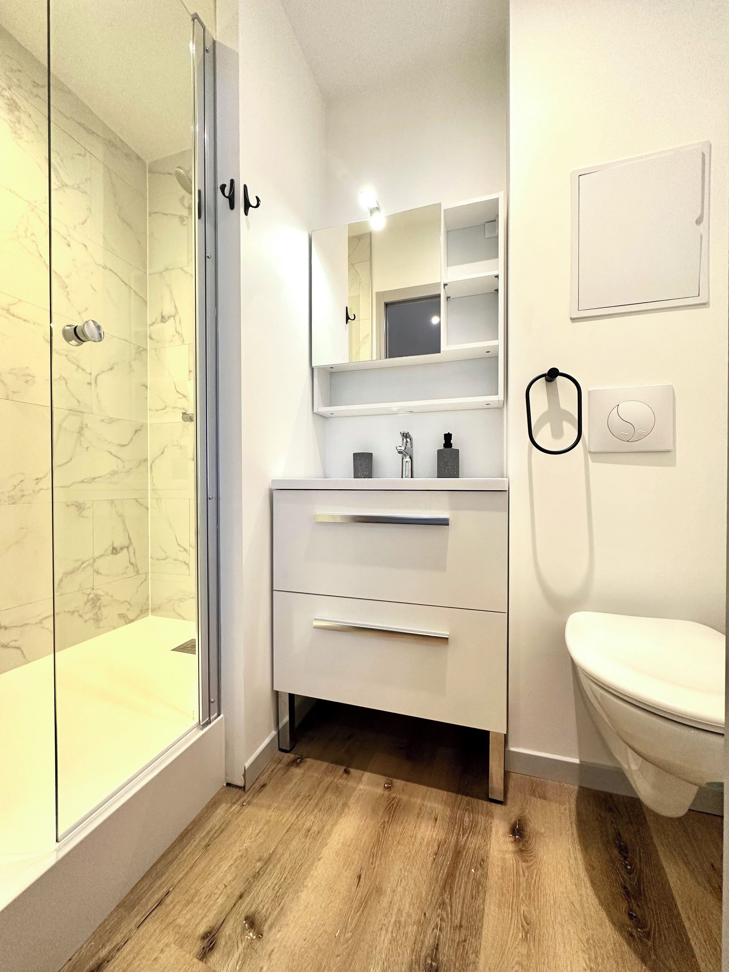 Dusche, Haartrockner, Handtücher, Seife