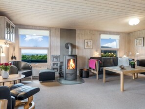 A cozy room with a wood-burning stove, leather furniture, and large windows offering a view.