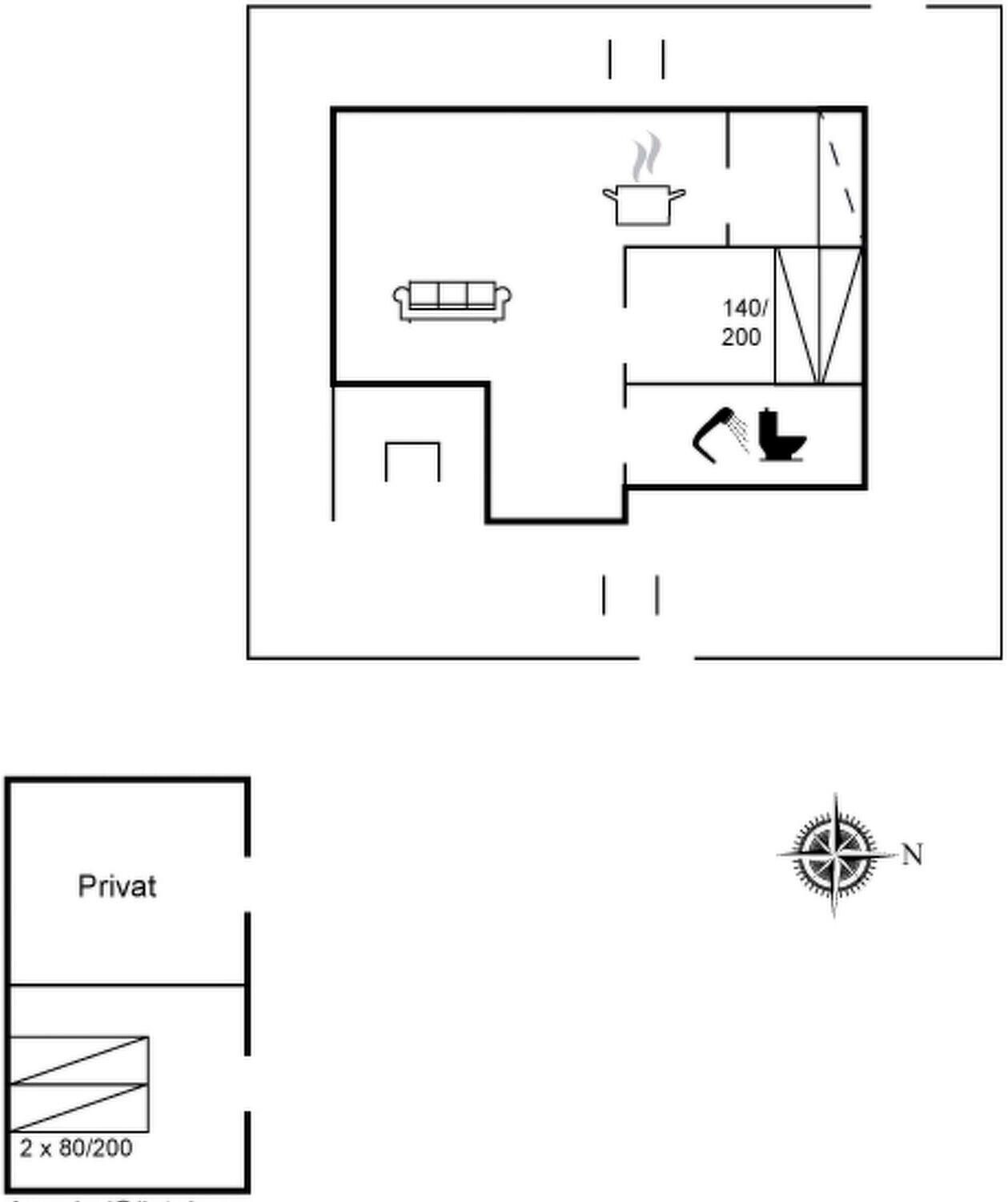 Un plan d’étage comprenant un espace de vie, une kitchenette et une chambre privée.