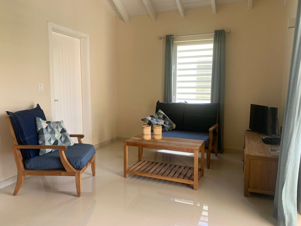 A living room with a wooden coffee table, a blue armchair, a sofa, and a television on a wooden cabinet.