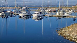 A marina with multiple sailboats docked at calm water.