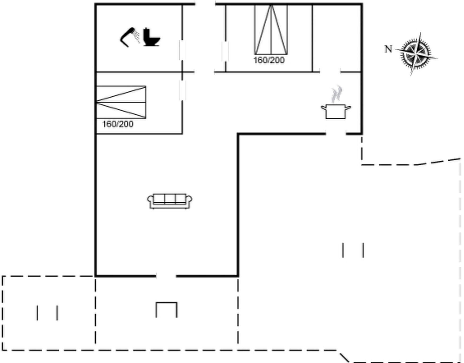 A floor plan with a kitchen, a dining area, and a living room.
