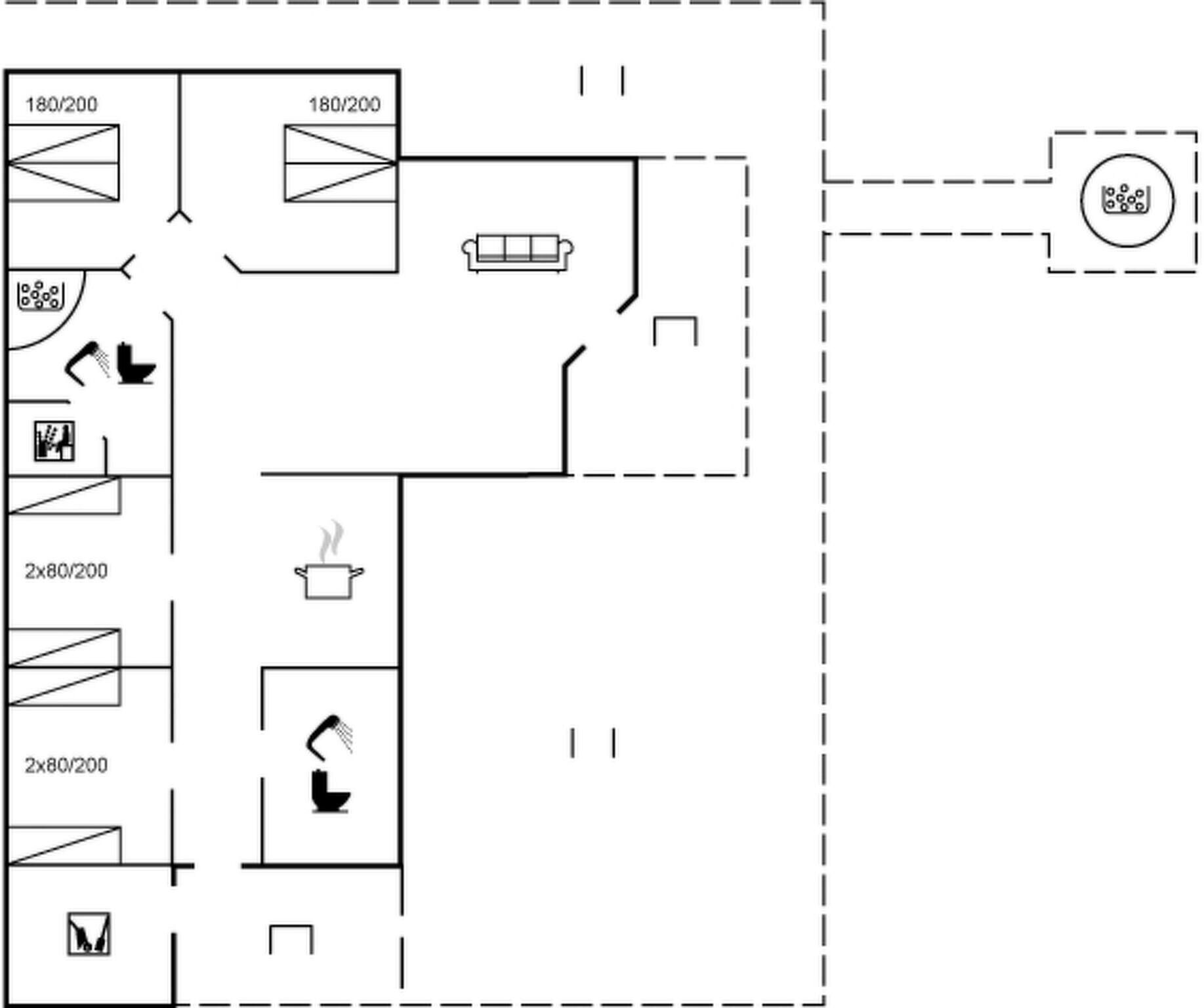 A floor plan with multiple rooms, including a kitchen, bathroom, and a dining area.