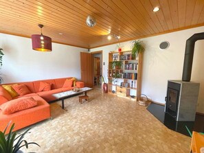 Smart TV, fireplace, DVD player, books
