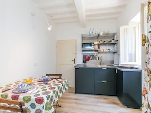 A compact kitchen with a microwave, stove, and shelves above the sink. - Domus Mariae by Interhome (Casale Marittimo)