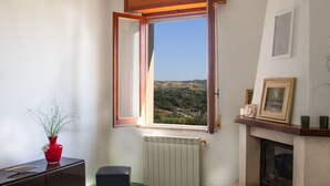 Ein Zimmer mit Blick auf ein Tal, mit Kamin, Heizkörper und einer roten Vase mit Blumen.