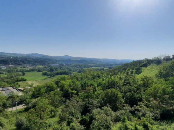 Een weids uitzicht over een weelderig groen landschap met glooiende heuvels en een helderblauwe lucht.