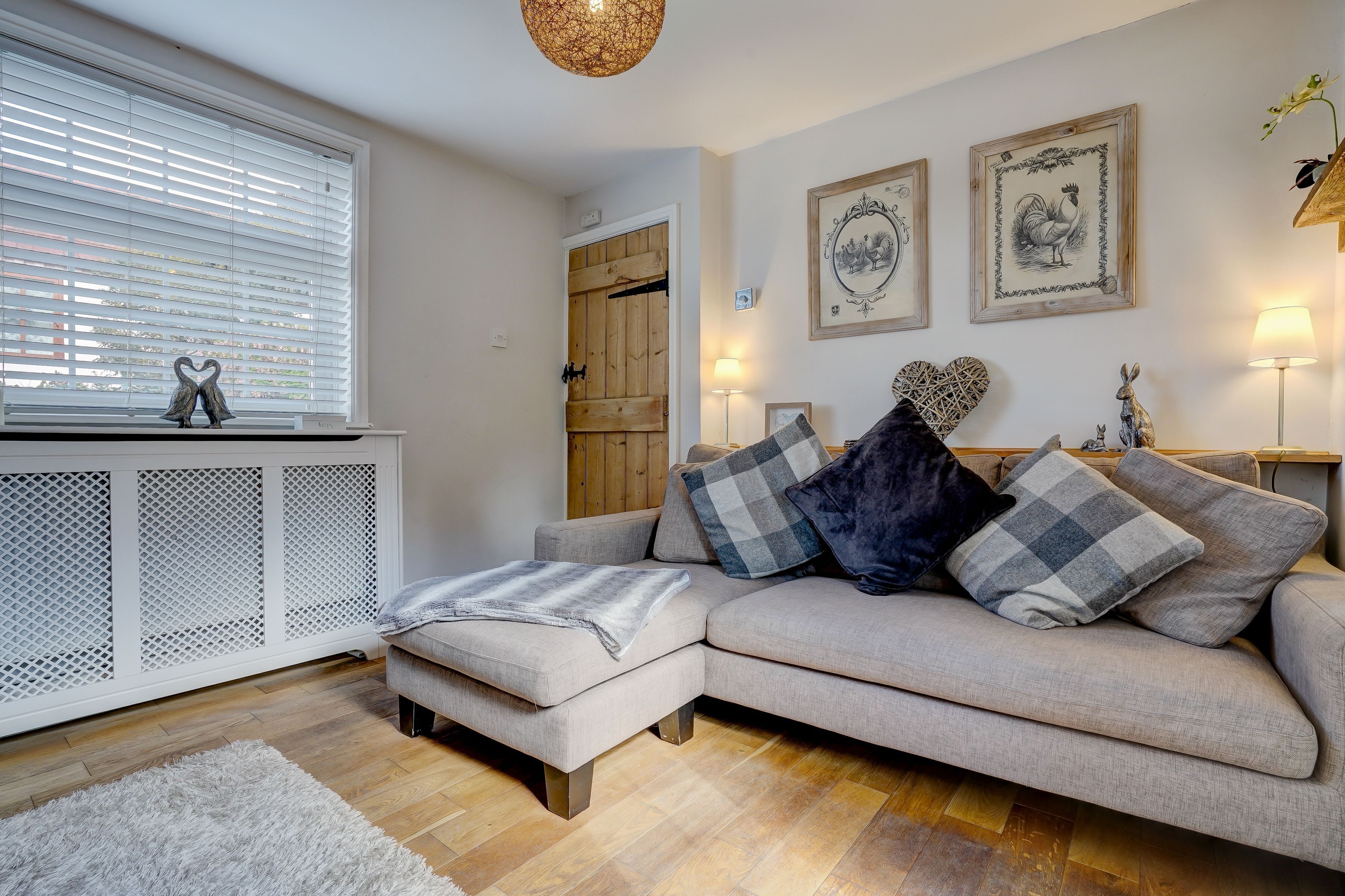 Un salon chaleureux avec un canapé gris, un radiateur blanc et une porte en bois.