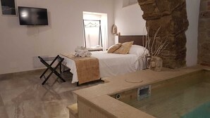A bedroom with a bed, a TV, a stone wall, and a small pool. - Janara - Arch of Trajan (BENEVENTO)