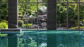 Vista despejada de una piscina con cascada y una vista de un paisaje natural a través de grandes ventanales.