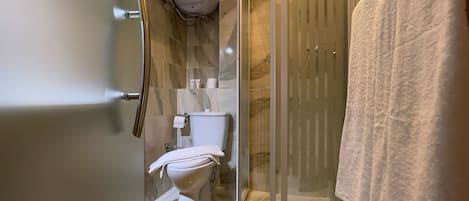 A modern bathroom with a glass shower enclosure, a toilet, and a towel hanging on the wall.