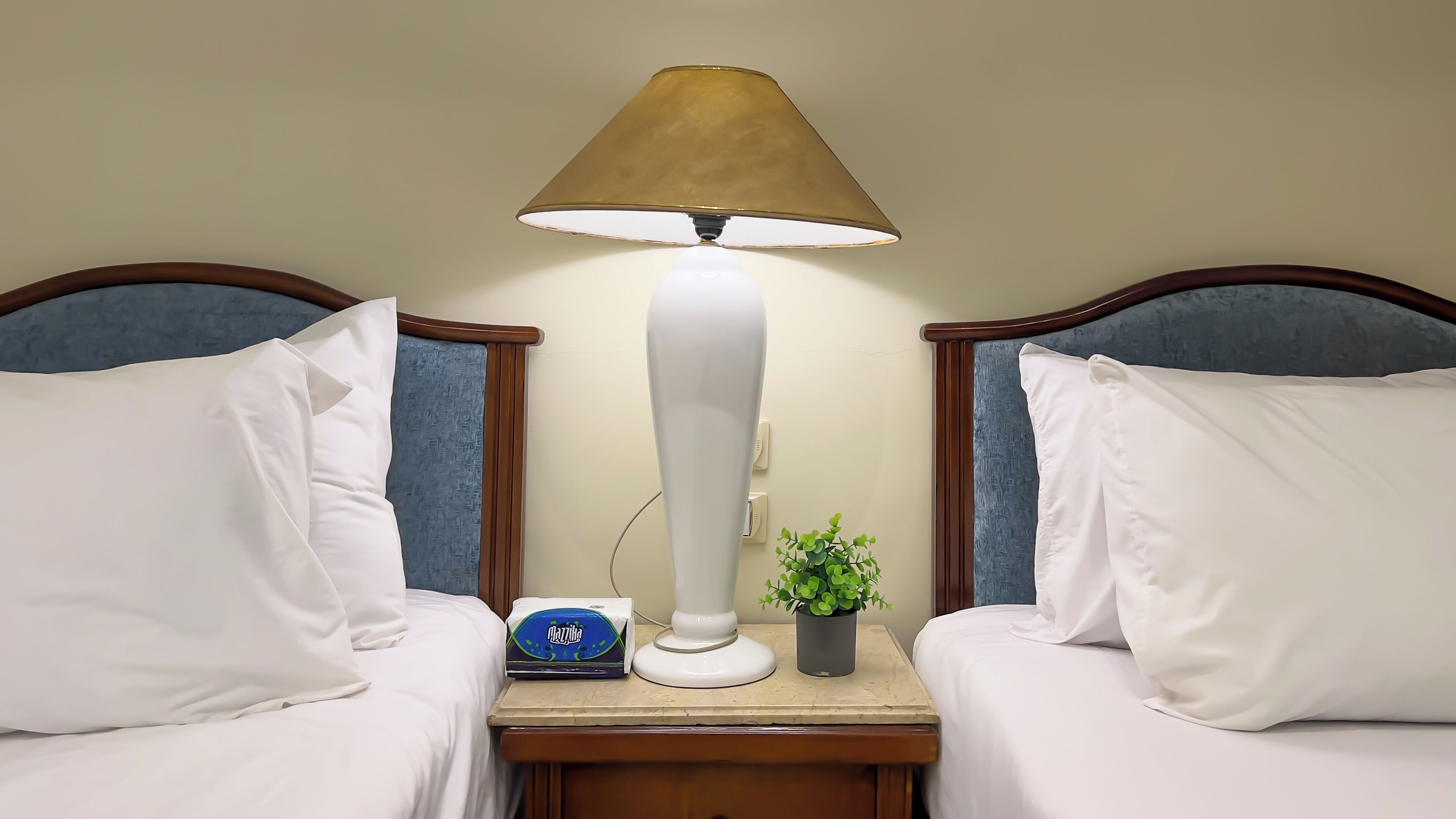 A hotel room with two beds, a bedside lamp, a clock, and a small plant.