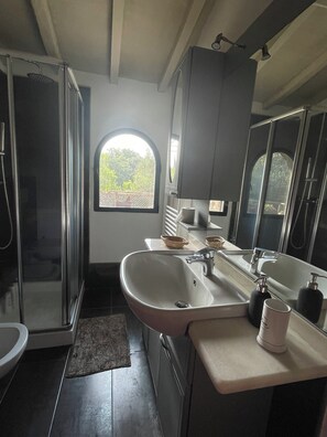 Hair dryer, towels, soap, toilet paper