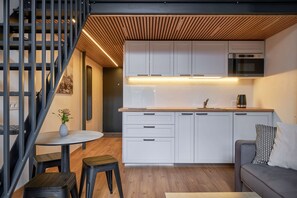 City Loft | Private kitchen | Mini-fridge, microwave, stovetop, electric kettle - Queen Barbora Central Lofts (Kaunas)