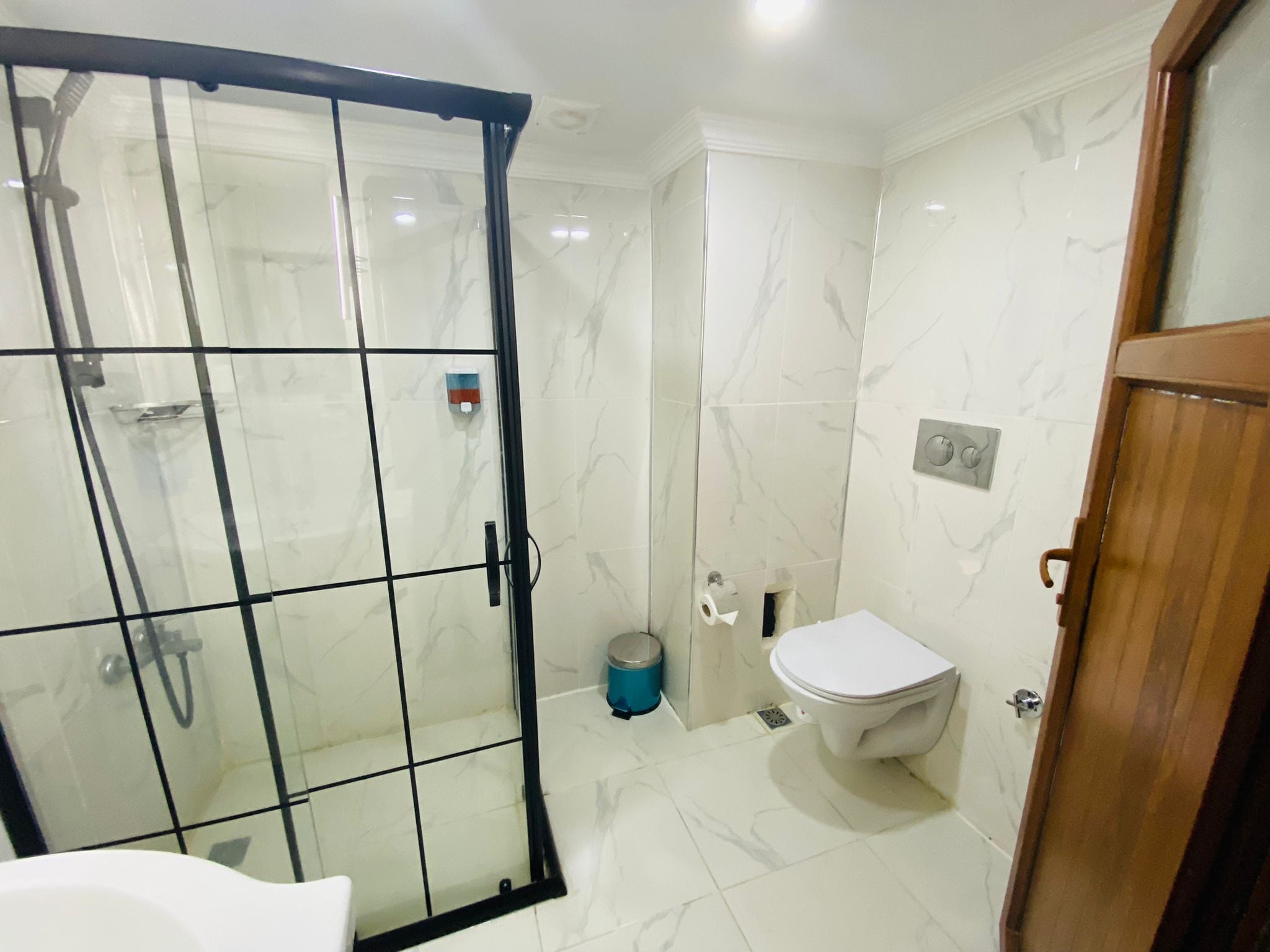 A bathroom with a glass-enclosed shower, a toilet, and a sink.