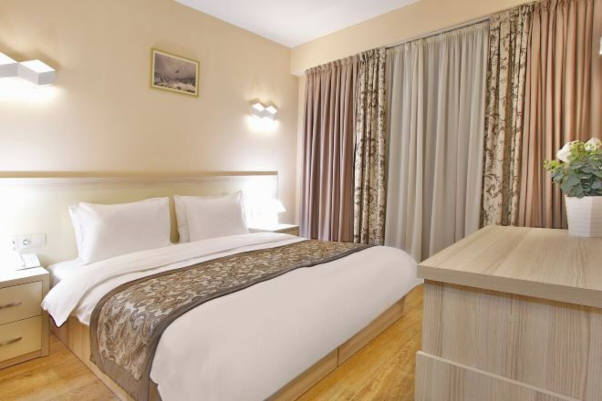 A hotel room with a bed, bedside table, lamp, curtains, and a small plant.